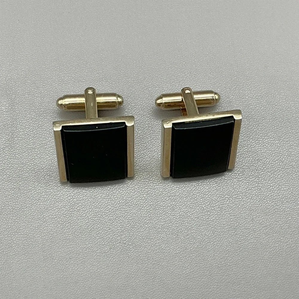 Dante Black Onyx Style Gold Tone Square Cufflinks Vintage Men's Formal Wedding